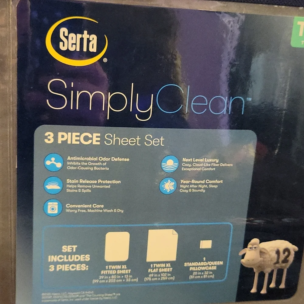 Serta Simply Clean Antimicrobial Stain Release Twin XL 3 pc sheet set Gray New…